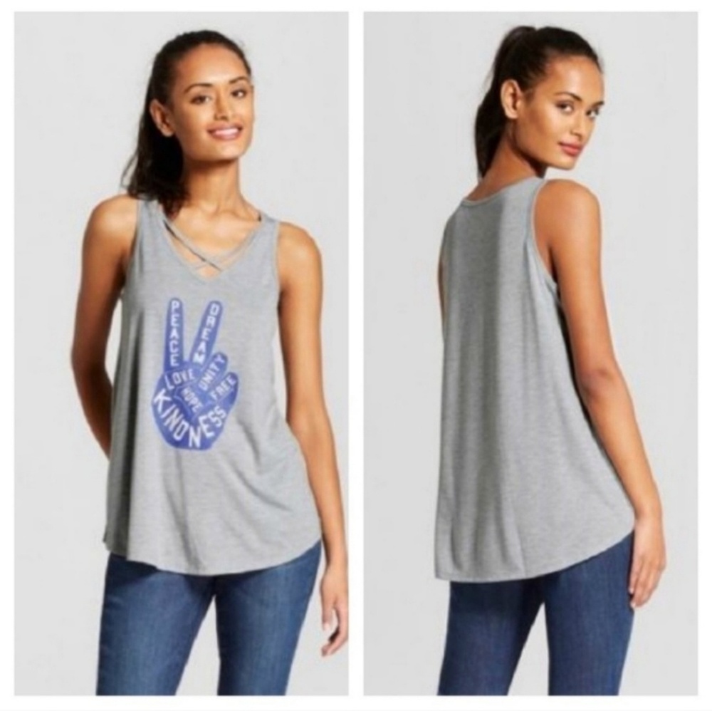 NWT Peace Sign Criss-Cross Graphic Tank Top